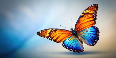 Obraz premium Blue orange butterfly with multicolor wings in flight, isolated on background, butterfly, blue