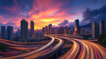 A city skyline at dusk, with light trails from cars moving on the highway in front of it,