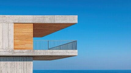 Fototapeta premium Minimalist Coastal Residential Architectural Building with Wooden Balcony and Concrete Exterior