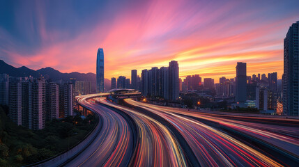 Obraz premium A city skyline at dusk, with light trails from cars moving on the highway in front of it,