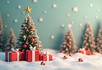 Obraz premium 3D Rendering Of Christmas Background with Red Christmas Balls and a Christmas tree 