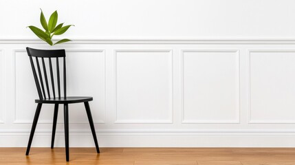 Fototapeta premium Minimal Wooden Chair with Green Potted Plant in Modern White Room Interior