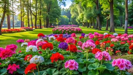 Colorful geranium blooms in a vibrant flower bed surrounded by lush greenery and trees in a serene park setting, outdoor, garden design