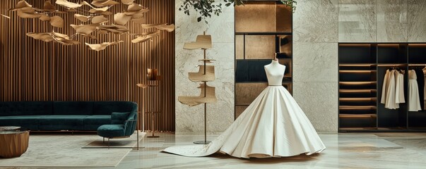 Elegant wedding dress displayed in a modern boutique setting.