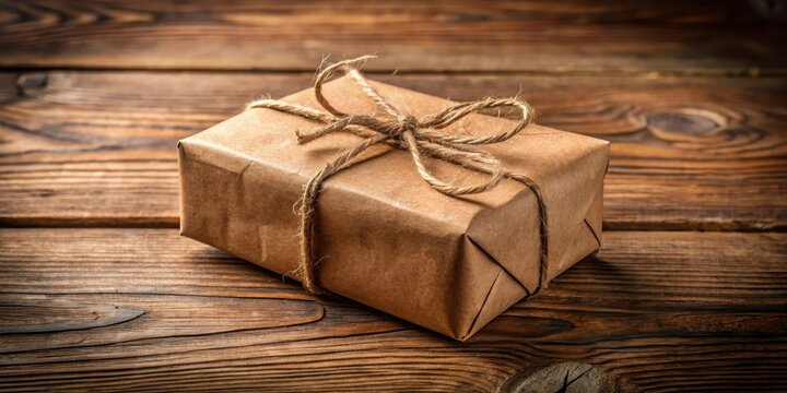 Old-fashioned brown paper package tied with twine and ribbon wrapped around a small wooden box, delivery, postal