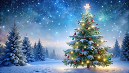 Obraz premium A decorated Christmas tree with snowflakes and festive lights, winter wonderland