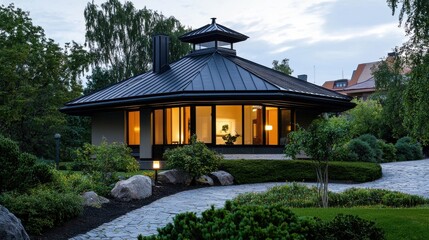 Tranquil Japanese Inspired Home Nestled in Lush Garden Oasis with Serene Pond Reflection at Dusk