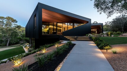 Obraz premium Modern Minimalist Glass and Steel Residential Estate with Landscaped Garden Pathway and Elegant Facade