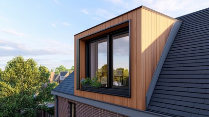 Modern Wooden Residential Home with Large Windows and Rooftop in Scenic Countryside Landscape