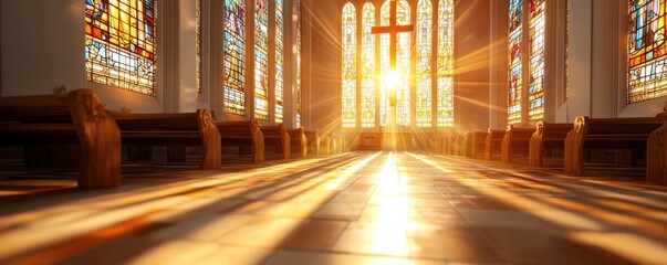 Light streaming through stained glass in a serene sanctuary.