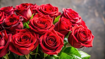 Obraz premium A close-up shot of a bouquet of red roses with a few strategically placed green leaves , Heartfelt Gift