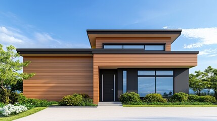 Fototapeta premium Stunning Modern Architectural Design of Luxury Wooden Home with Large Glass Windows and Lush Green Landscaping