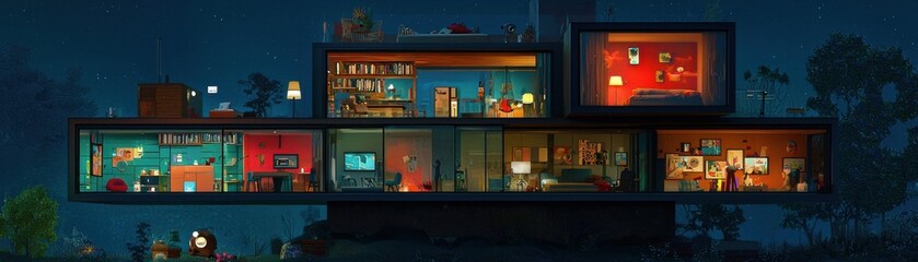 Modern house design with colorful rooms and illuminated interiors.