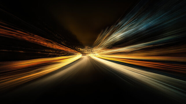 Abstract blurred light streaks on a dark background, suggesting the motion of speed in a road tunnel