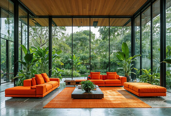 Modern Living Room with Stunning Garden Views: A contemporary living space bathed in natural light, featuring a vibrant orange rug, plush sofas, and expansive windows overlooking a lush.