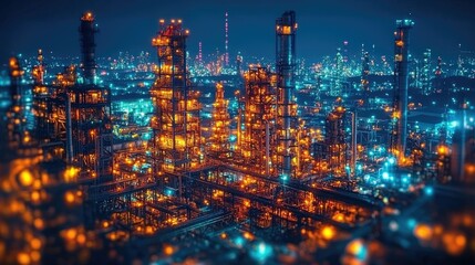 Fototapeta premium A vibrant industrial landscape illuminated at night, showcasing towering structures and machinery.