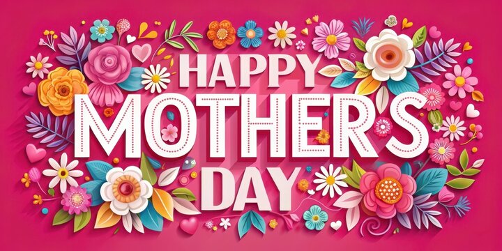 Colorful floral typography poster with a bright pink background and white font featuring the phrase Happy Mother's Day in bold letters , nurturing, greeting card