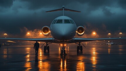 A person approaches a sleek jet at an airport during a moody, rainy evening.