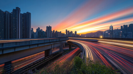A city skyline at dusk, with light trails from cars moving on the highway in front of it