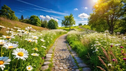 Obraz premium Steinbahn mit Blumen und G?nsebl?mchen in einem sonnigen Landscapedescription, flowered path with stone track, rural scenery with stone road and blooming vegetation