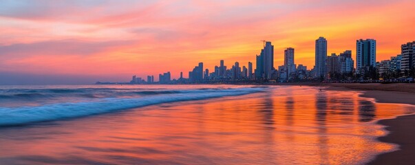Naklejka premium Stunning sunset view over city skyline by the beach.