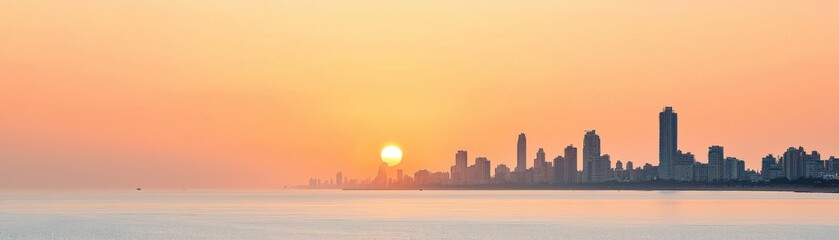Fototapeta premium Stunning skyline at sunset with a vibrant orange and yellow hue.