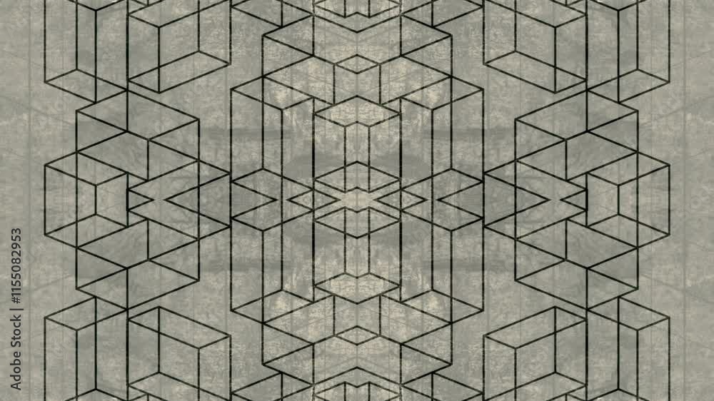 Aufkleber Elegant digital seamless loop animation in which rectangular shapes rotate and transform to create a harmonious abstract pattern on a light gray shabby background. Flat design. 3d rendering 4K