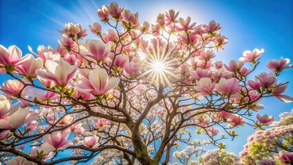 Large magnolia tree blossoms in full bloom against a clear blue sky with sunlight filtering through , spring, trees, spring