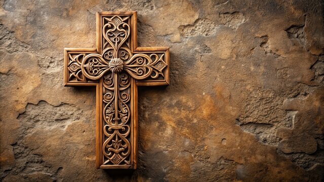 Ornate wooden cross with intricate carvings and symbolism on a stone background, faith, symbolism,  faith, symbolism, nature