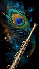 A flute with intricate designs, peacock feathers, and colorful smoke