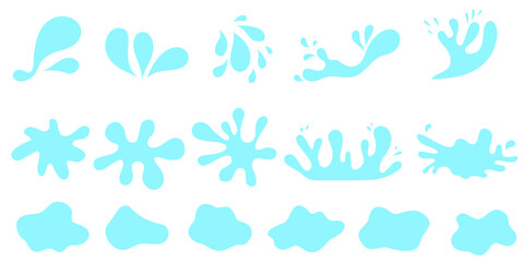 Water or oil drops. Vector icon set of nature splashes isolated on white background. Dripping liquid. Water spill. Aqua drop element. Raindrop and sweat drops.