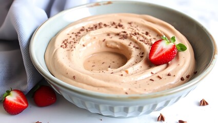 Vegan chocolate mousse with mint, bar of chocolate and cocoa beans