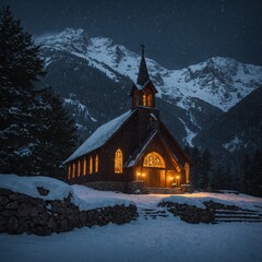 A majestic view of a mountain chapel, its windows glowing with candlelight as snow falls gently.