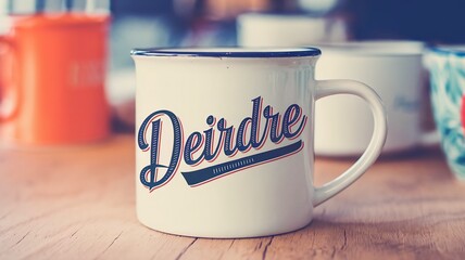 Elegant white mug with typography of name Deirdre on wooden table
