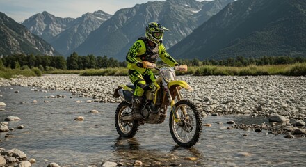Obraz premium Motocross Rider Crossing Shallow Mountain River