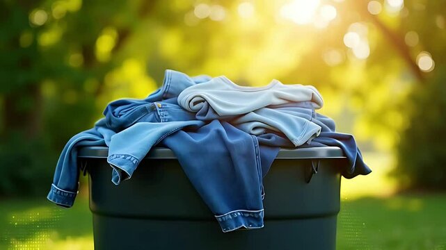 A pile of clothes rests on a trash bin in a sunlit outdoor setting.