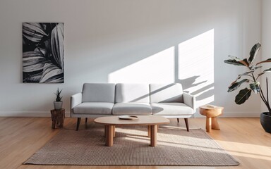 Minimalist living room with sofa, coffee table, and plants.