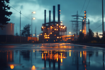 Fototapeta premium A futuristic factory powered by AI with digital power lines emitting carbon, symbolizing the environmental cost of AI's growing energy consumption.