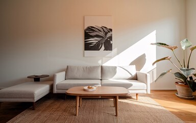Sunlit living room with light grey sofa, wooden coffee table, and large plant.