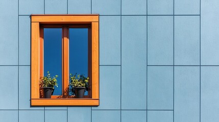 Minimalist Orange Framed Window on Contemporary Blue Glass Facade Building