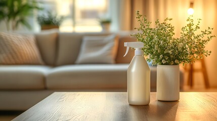 A serene living room scene featuring a spray bottle and a potted plant, emphasizing cleanliness and disinfecting surfaces.