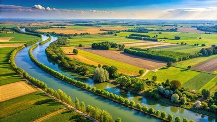 Obraz premium Panoramic view of the Po Valley fields in the Po river landscape, Italy, agriculture, countryside, farm, rural, scenic