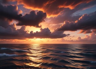 Obraz premium A breathtaking sunset over the vast ocean with dark clouds in the background , sunny day, dramatic clouds