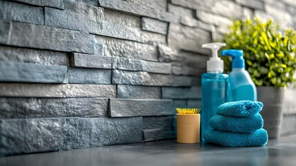 Disinfecting surfaces, a clean setup with vibrant blues and greens, promotes hygiene and freshness in a modern space.