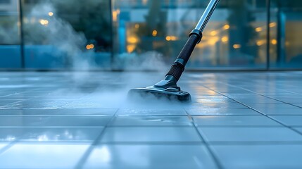 Fototapeta premium Disinfecting surfaces with steam creates a clean, fresh environment, highlighting reflections and a cool blue ambiance.