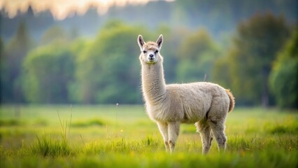 Fototapeta premium Very beautiful calm and cute alpaca standing in a peaceful meadow, alpaca, adorable, fluffy, serene, animal, llama, nature