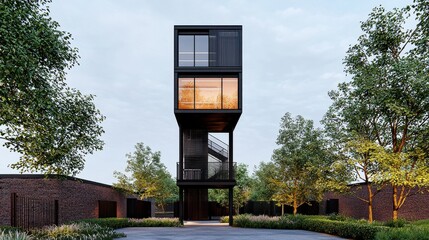 Striking Modern Architecture Tower Amid Nature with Geometric Design and Glass Facade