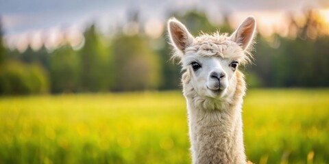 Fototapeta premium Very beautiful calm alpaca looking adorable in a field , cute, fluffy, animal, llama, peaceful, serene, nature, farm