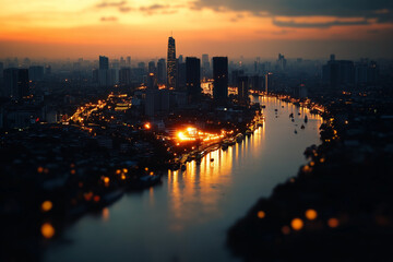 Fototapeta premium A glowing AI network surrounding a city, symbolizing the control AI holds over modern society as human oversight diminishes.