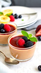 Vegan chocolate mousse with mint, bar of chocolate and cocoa beans